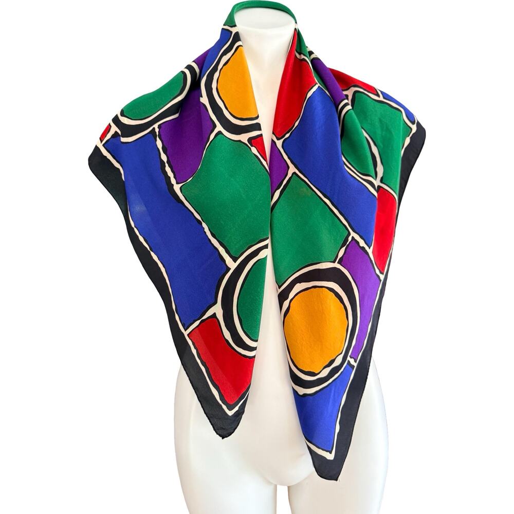 Vintage Echo Silk Chiffon Scarf Geometric Circles Primary Colors Bold 33x34 - Picture 5 of 11